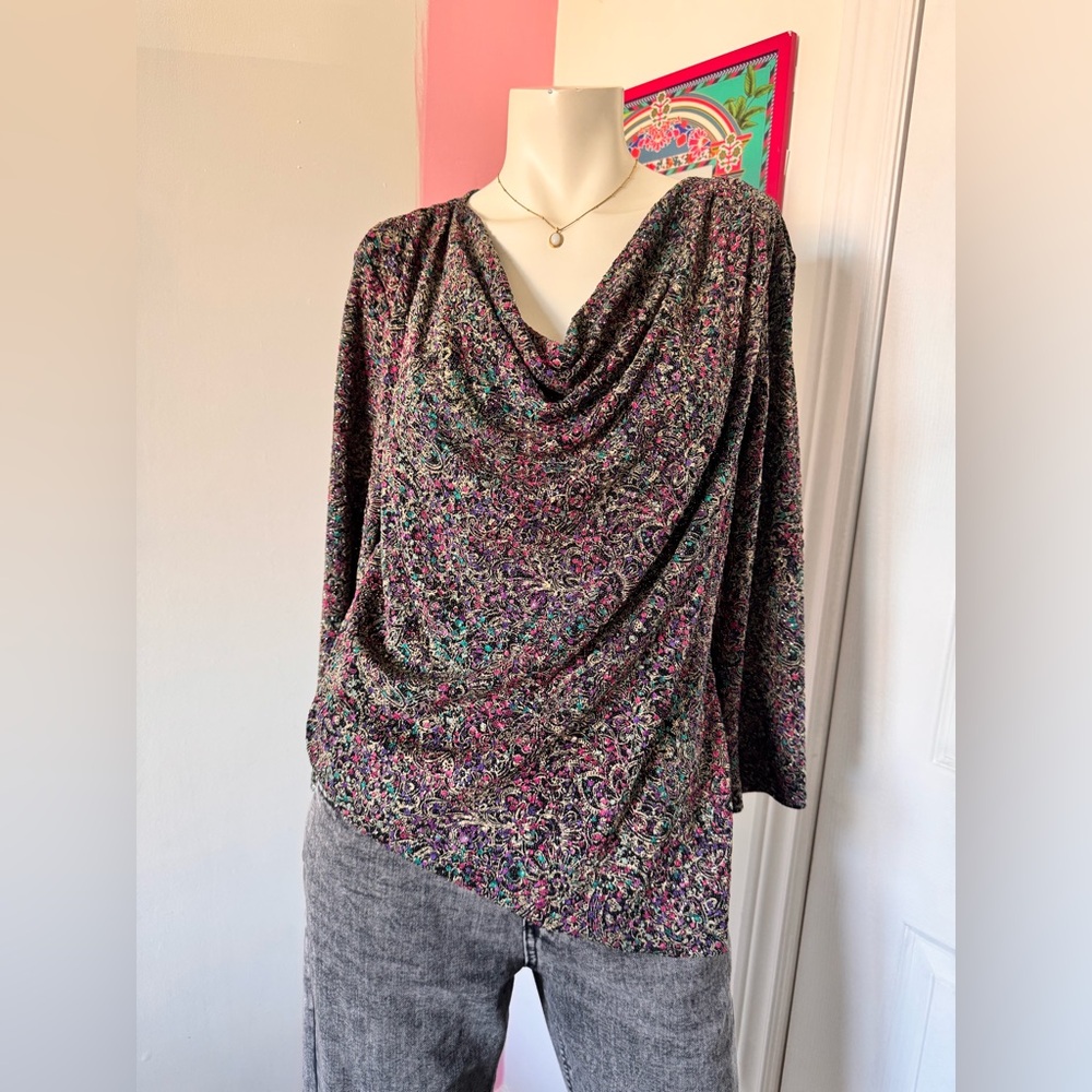Floral Blingy Y2K Cowl Neck Long-Sleeve Top